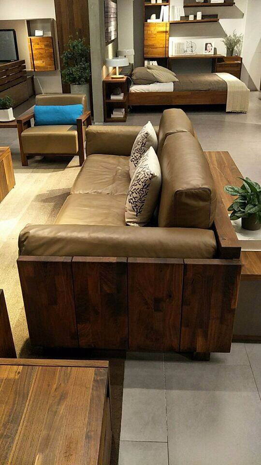 挪亚家 北欧简约 牛皮黑胡桃木 三人位沙发